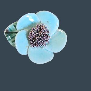 Ceramic Flower Brooch Light Blue & Purple Vintage Accessory